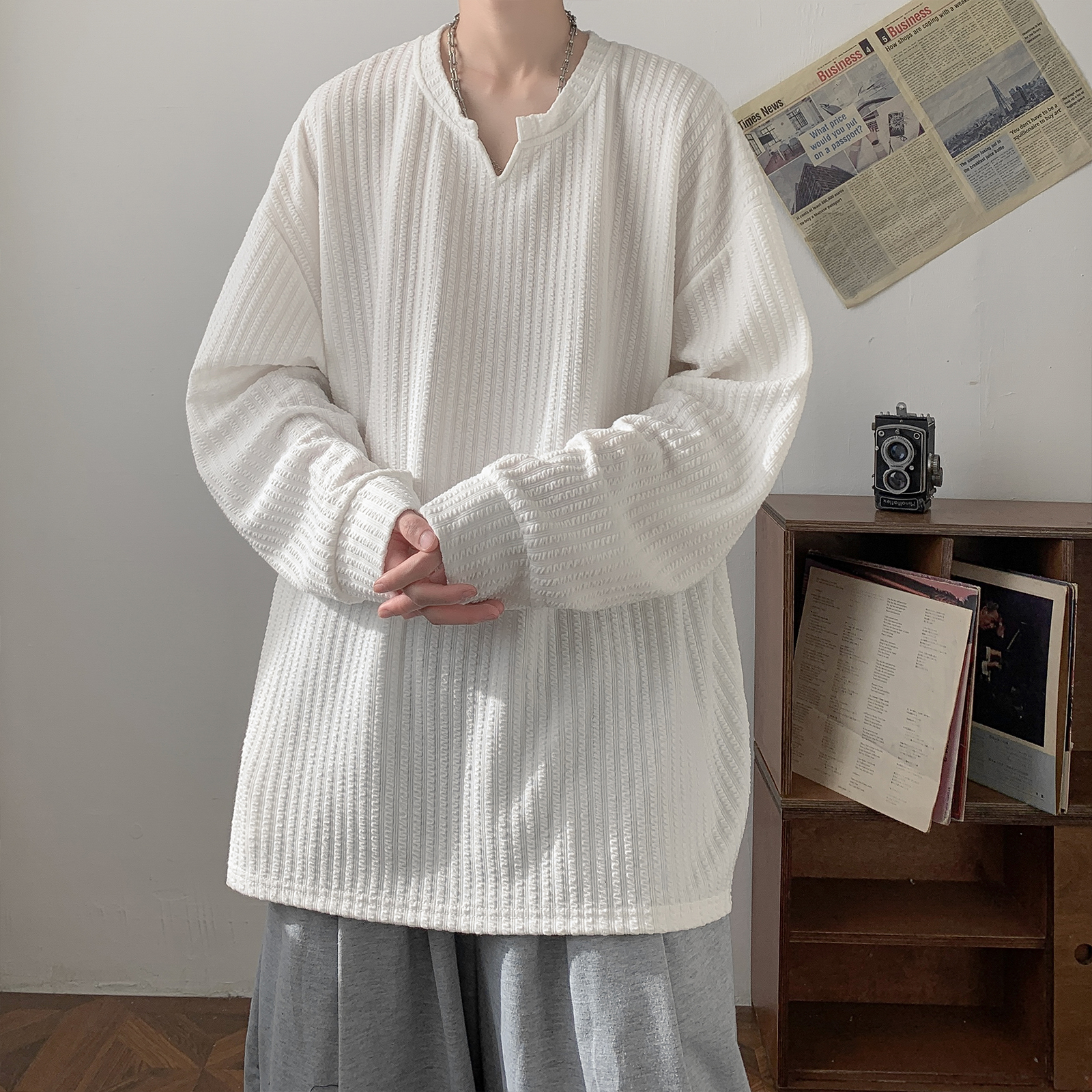 Loose Long Sleeve V-Neck T-Shi - Streetwear High End Brand 评论和价格